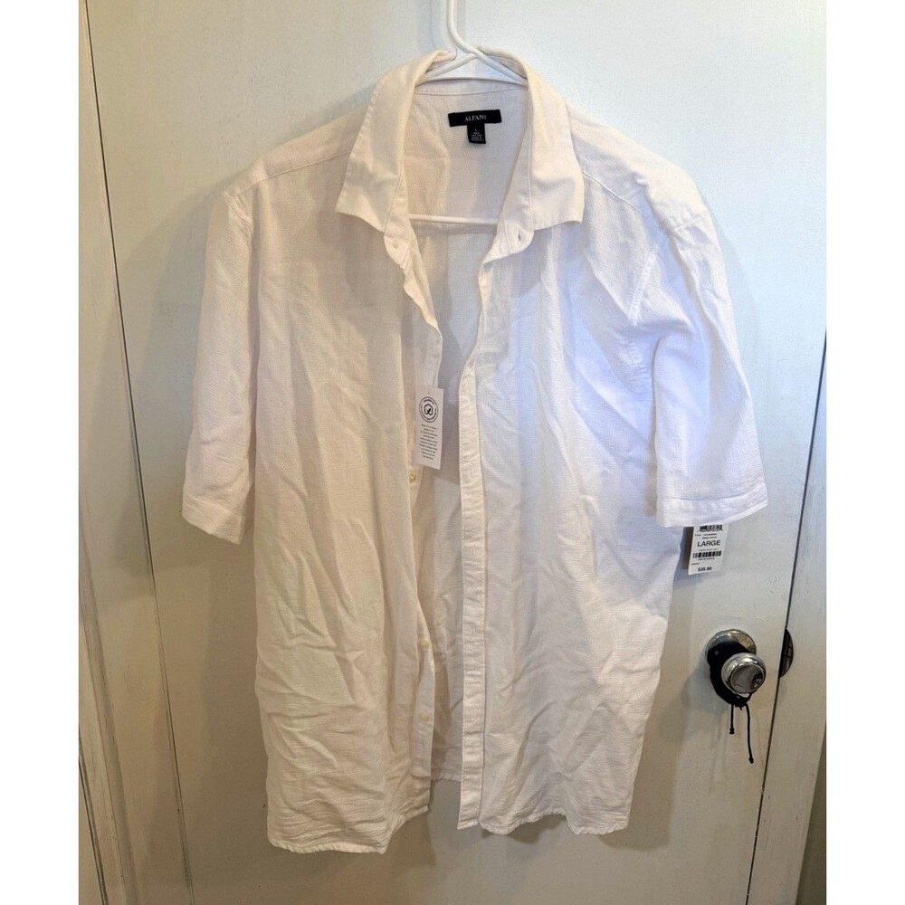 NWT Alfani Men's L Regular White Solid Cotton Woven Short Sleeve Collar Shirt